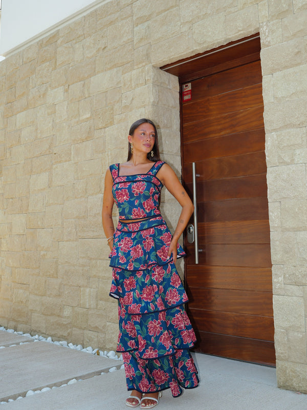 Conjunto com alças, estampado com folhos, azul-marinho