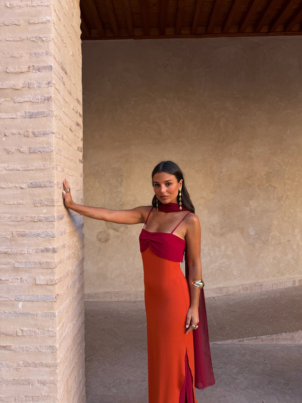 Vestido Zahara laranja e vermelho