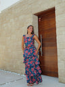 Conjunto com alças, estampado com folhos, azul-marinho