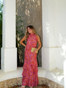 Conjunto halter estampado com folhos em cor de coral