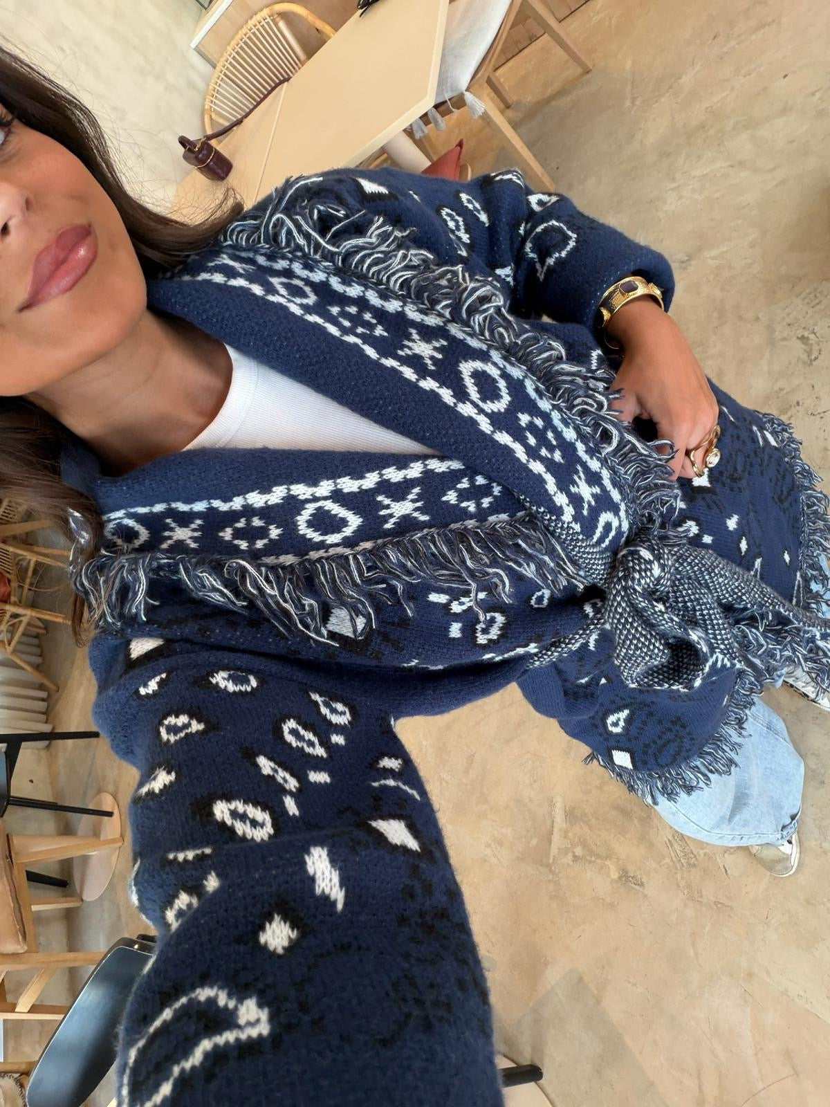 Jaqueta comprida estilo bandana em azul
