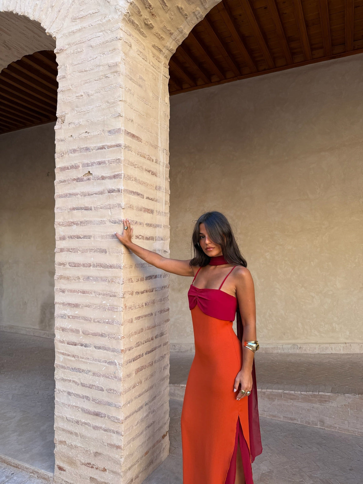 Vestido Zahara laranja e vermelho
