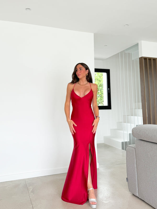 Vestido vermelho com decote em V em cetim entrelaçado