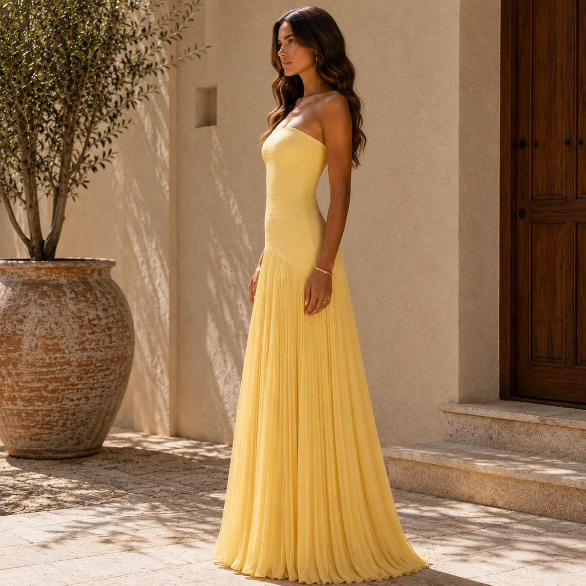 Vestido Almudena cai-cai com saia plissada