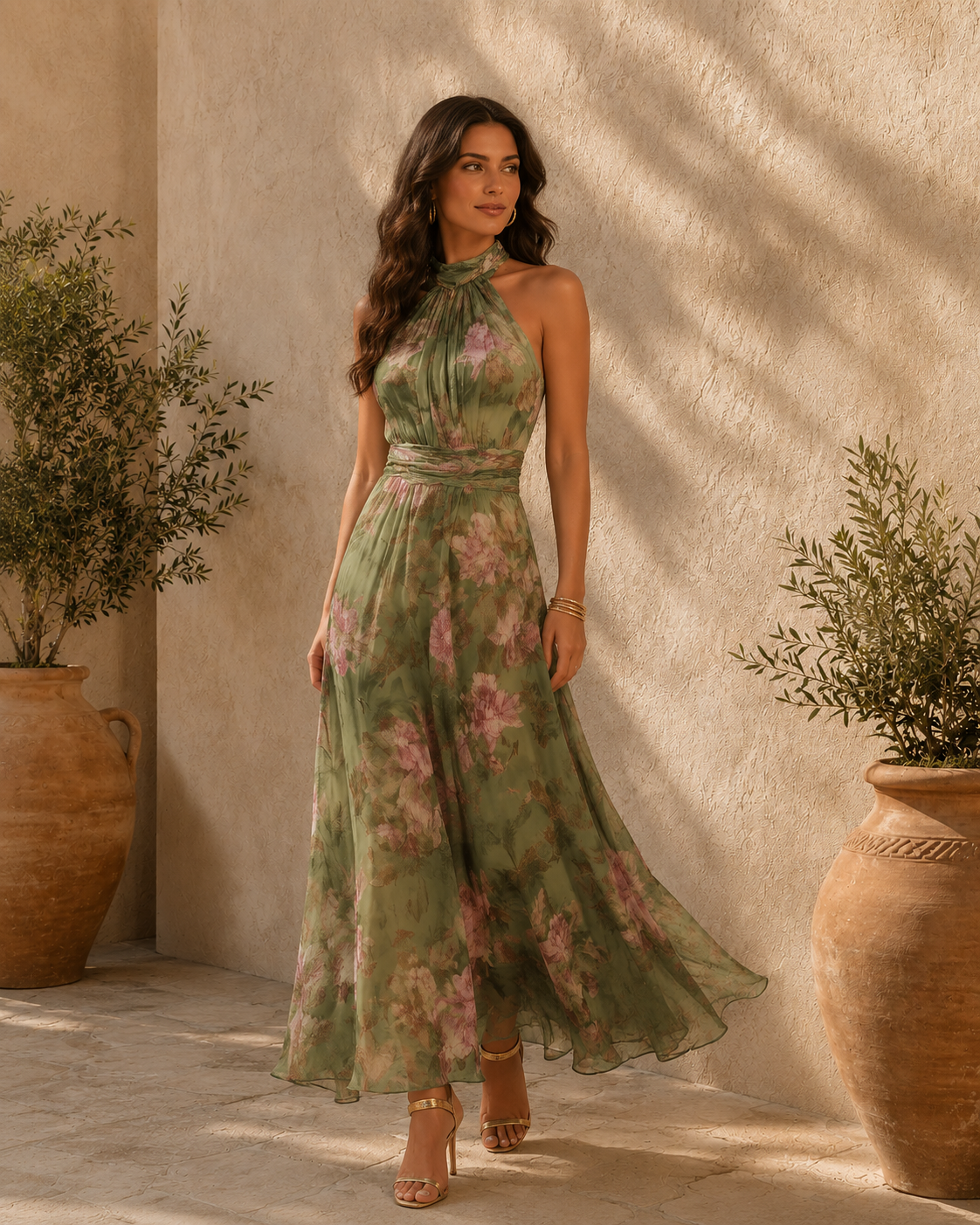 Vestido comprido Livia floral com decote halter