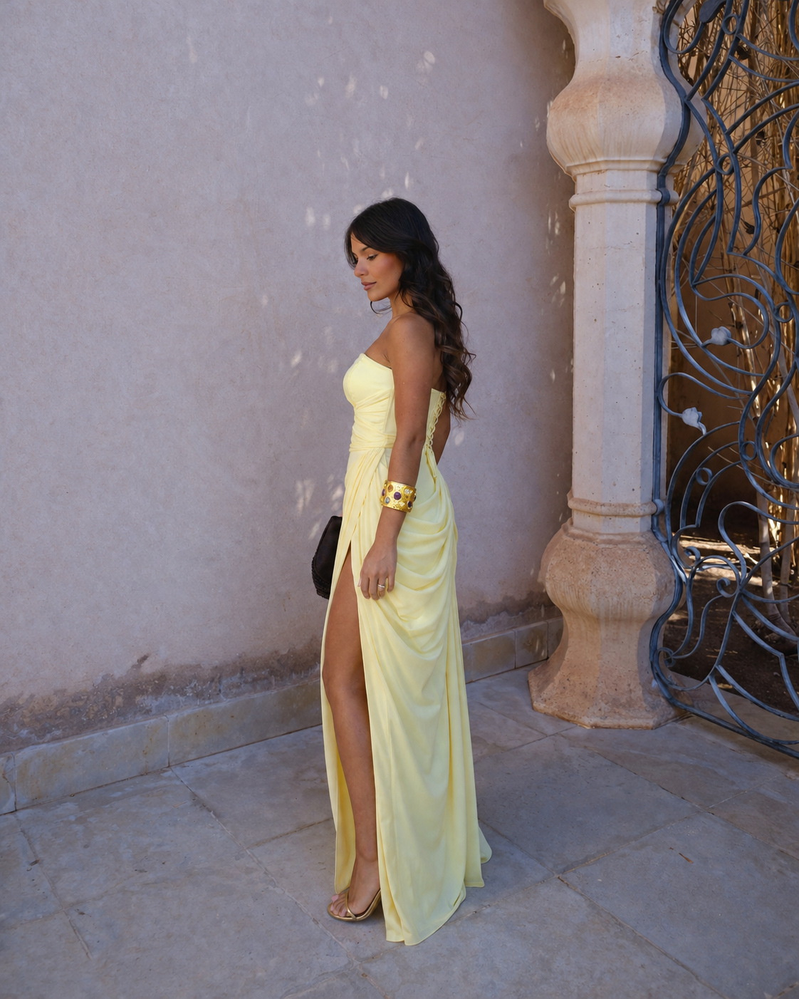Vestido comprido Adriana drapeado com racha