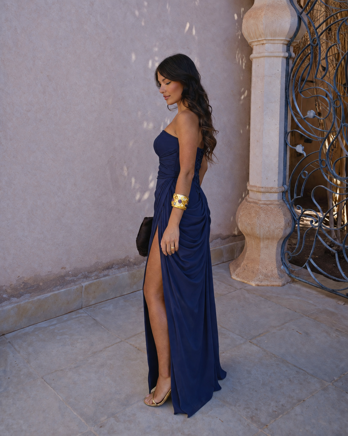 Vestido comprido Adriana drapeado com racha