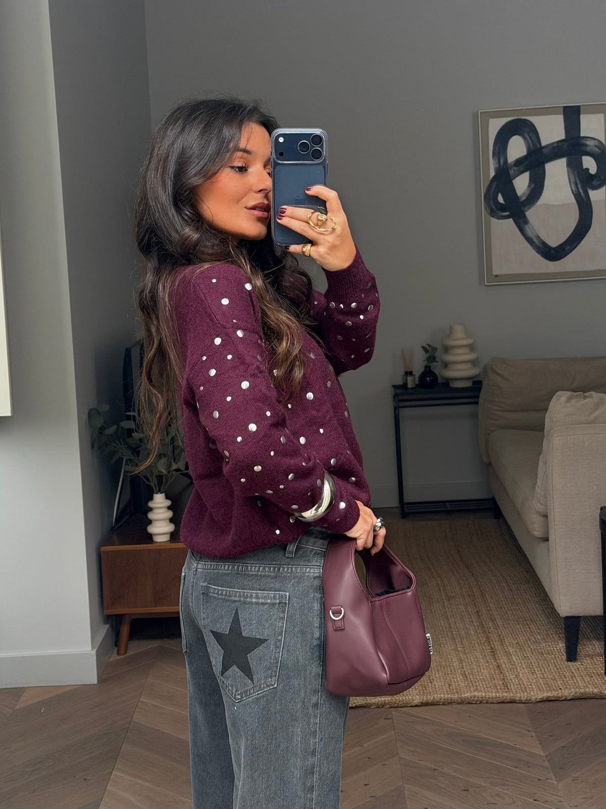Camisola Sabrina com tachas cor de vinho