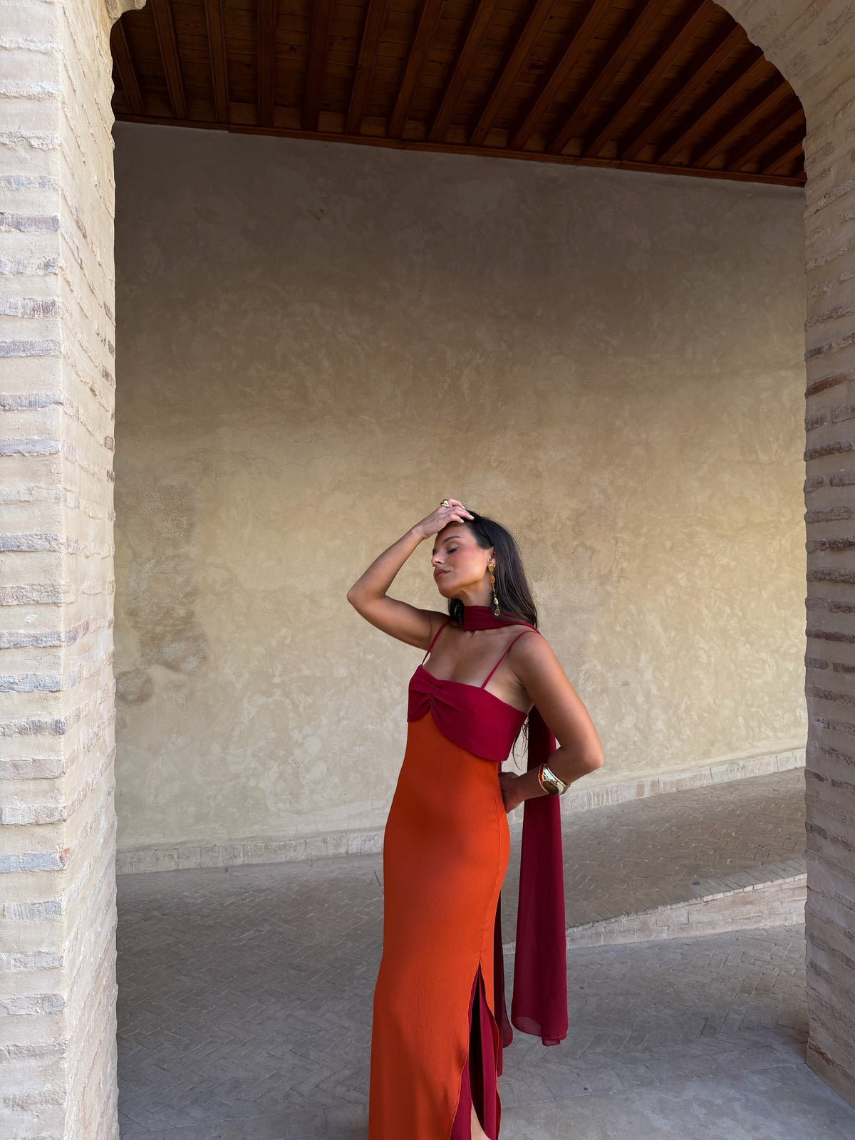Vestido Zahara laranja e vermelho