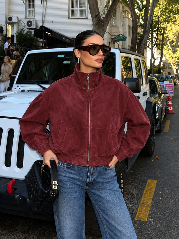 Jaqueta bomber efeito camurça bordô
