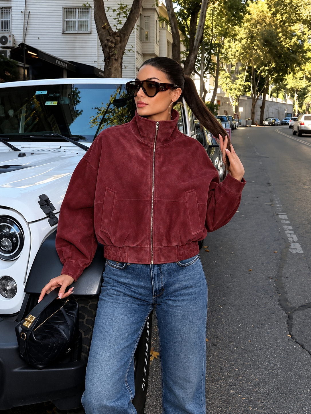 Jaqueta bomber efeito camurça bordô
