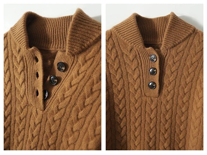 Camisola de malha entrançada com gola alta e botões