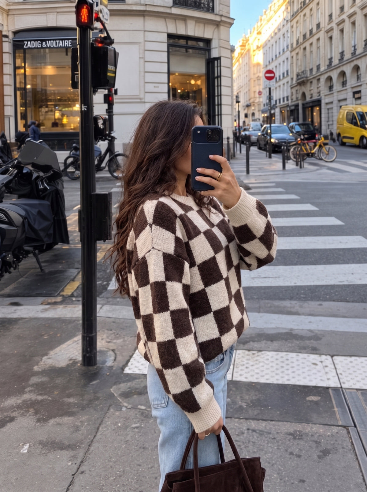 Camisola oversize de xadrez castanho e creme
