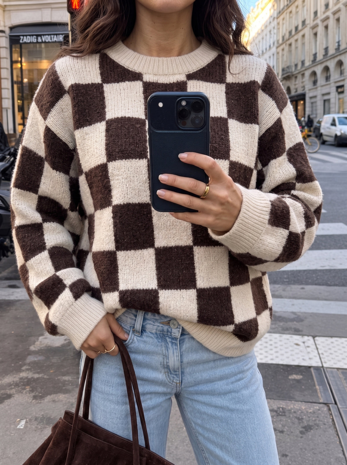 Camisola oversize de xadrez castanho e creme