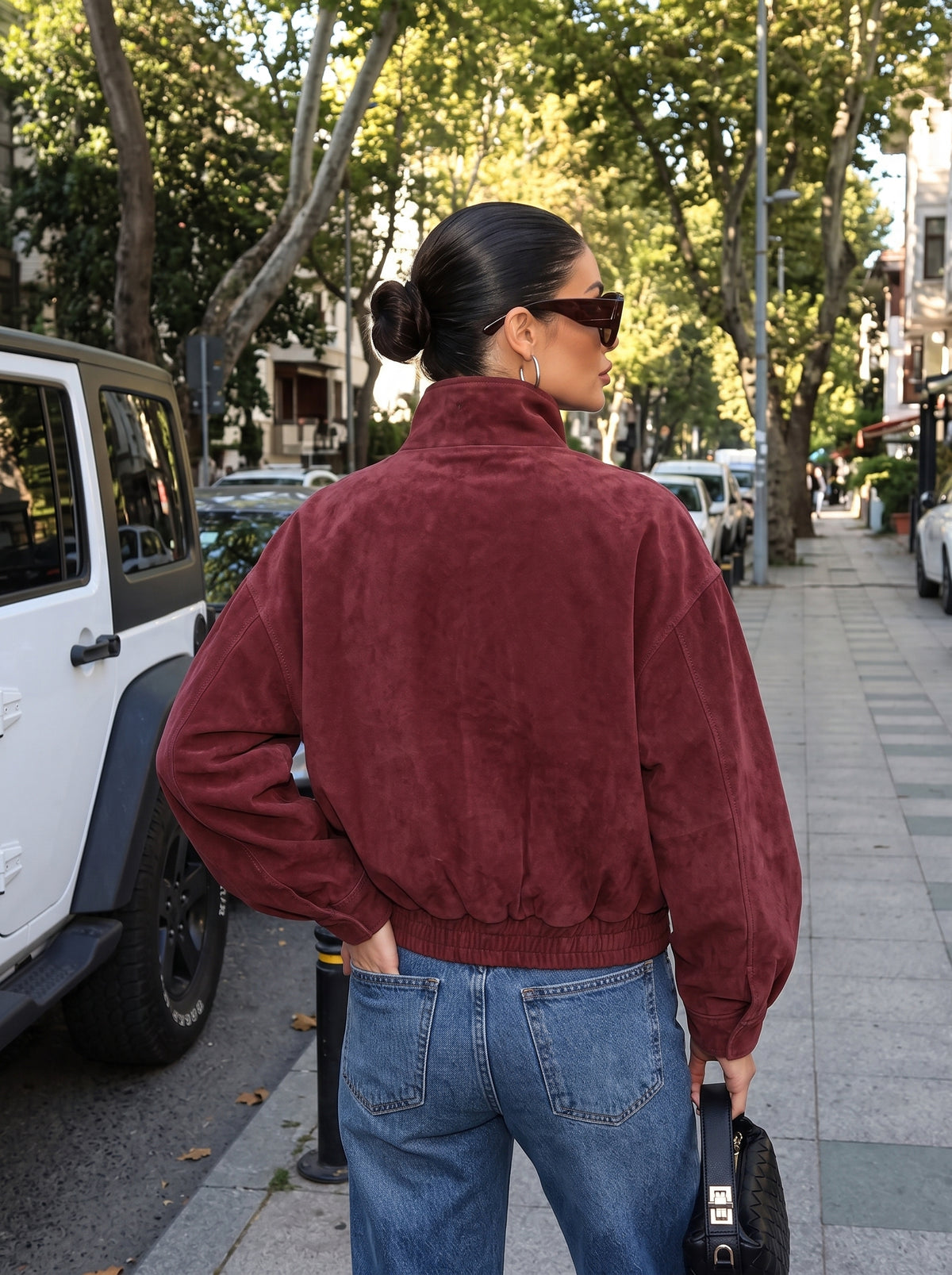 Jaqueta bomber efeito camurça bordô