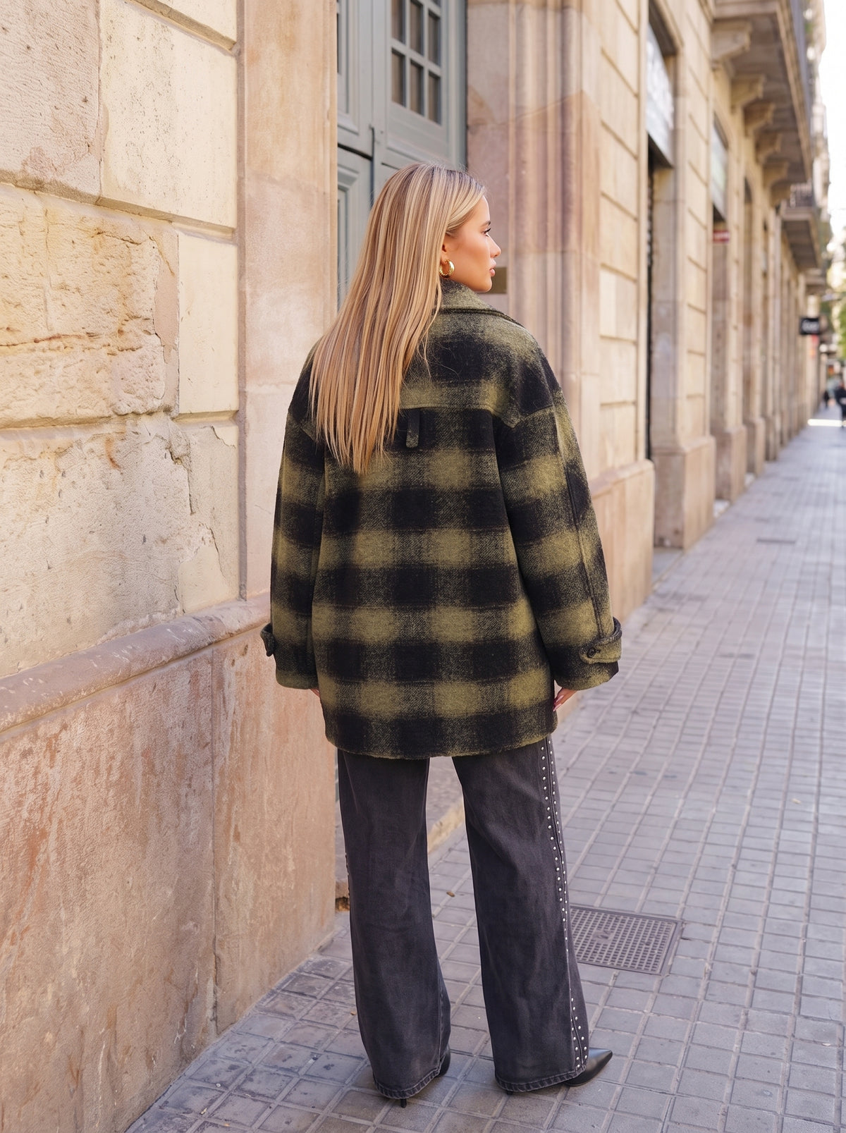 Casaco xadrez vintage efeito lã verde e preto