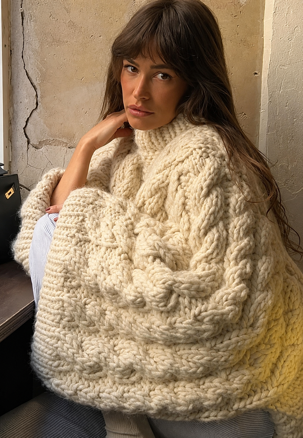 Camisola oversize de malha entrançada com gola alta e mangas evasé