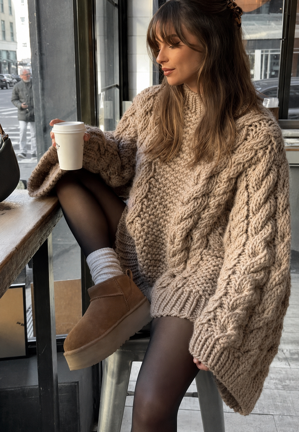 Camisola oversize de malha entrançada com gola alta e mangas evasé