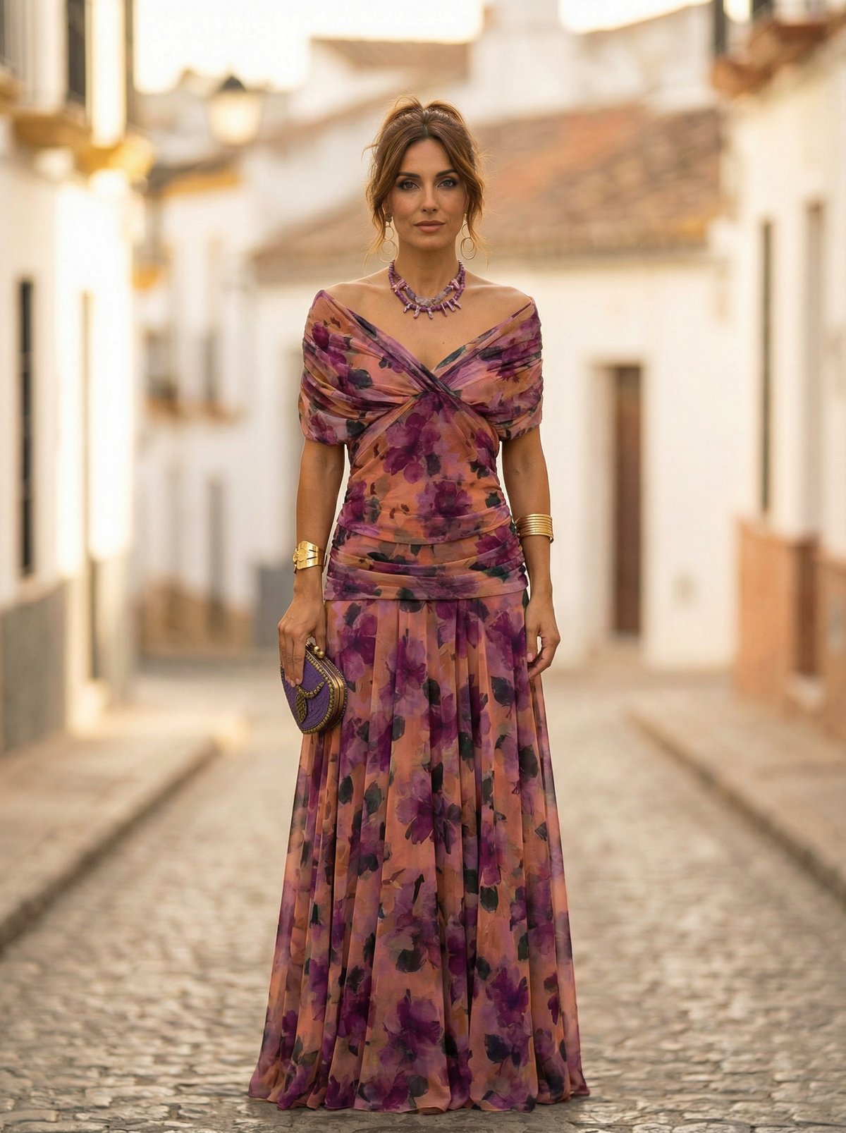 Vestido comprido Leo com decote em V